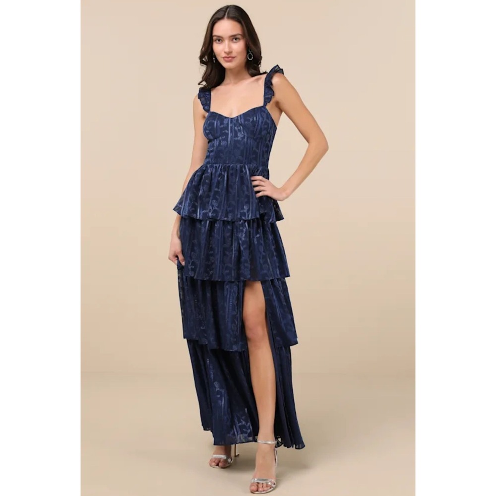 Lulus Heart of the Party Navy Blue Floral Jacquard Tiered Maxi Dress Size M NEW